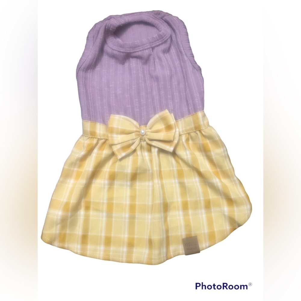 XL Dog knitted dress with bow Purple Top Yellow Plaid bottom